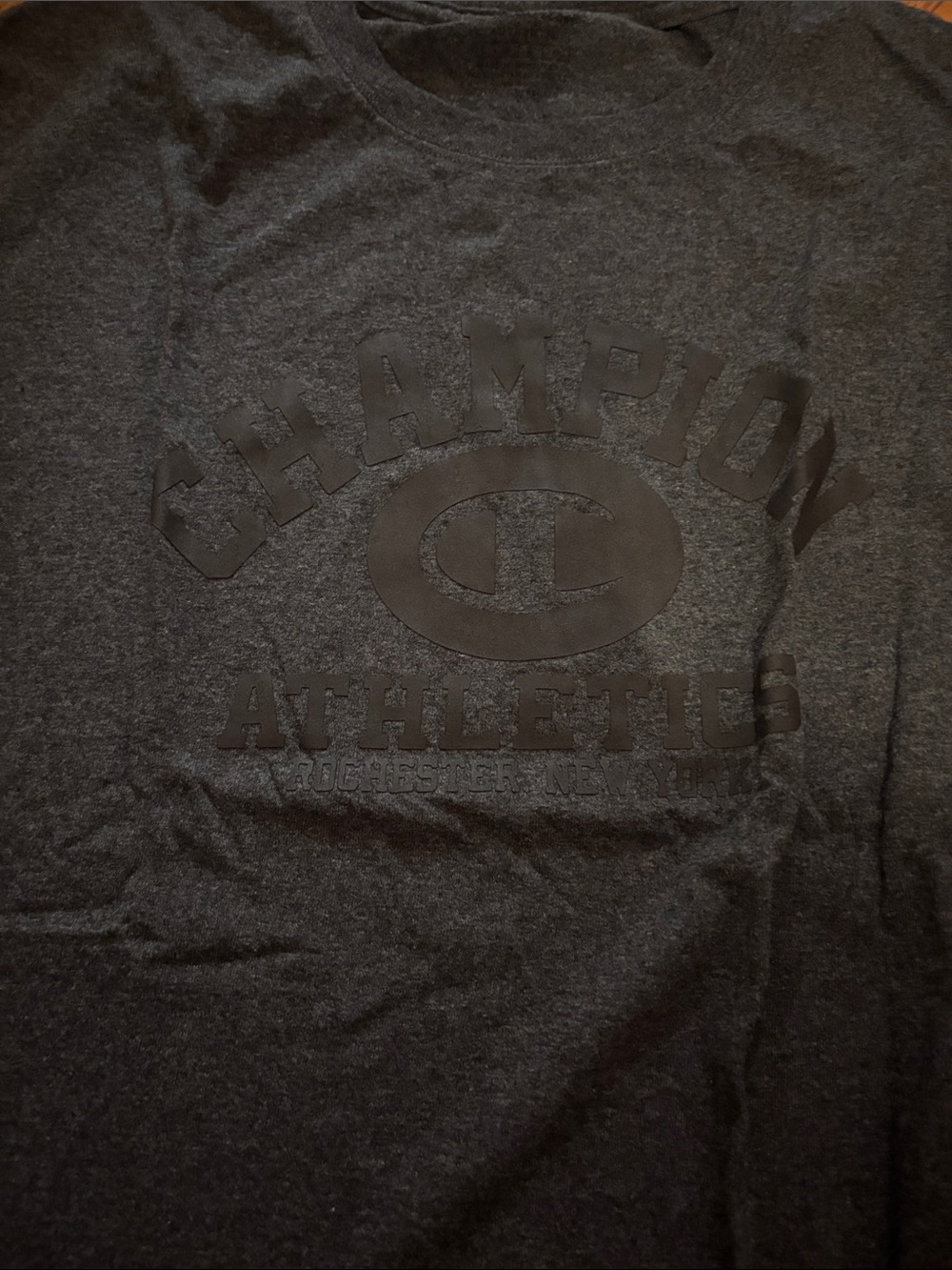 Champion Men's Heather Dark Gray Crew Neck T-Shirt with Raised Logo